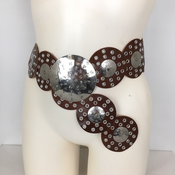 Women’s Bohemian Wide Leather Round Concho Western Belt Brown Silver Grommets main image 9